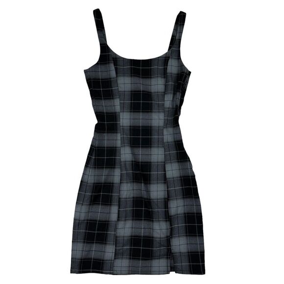 H&M Divided Black Gray Plaid Tank Dress Thick Straps Side Zip Stretch Slit XXS - Picture 1 of 8